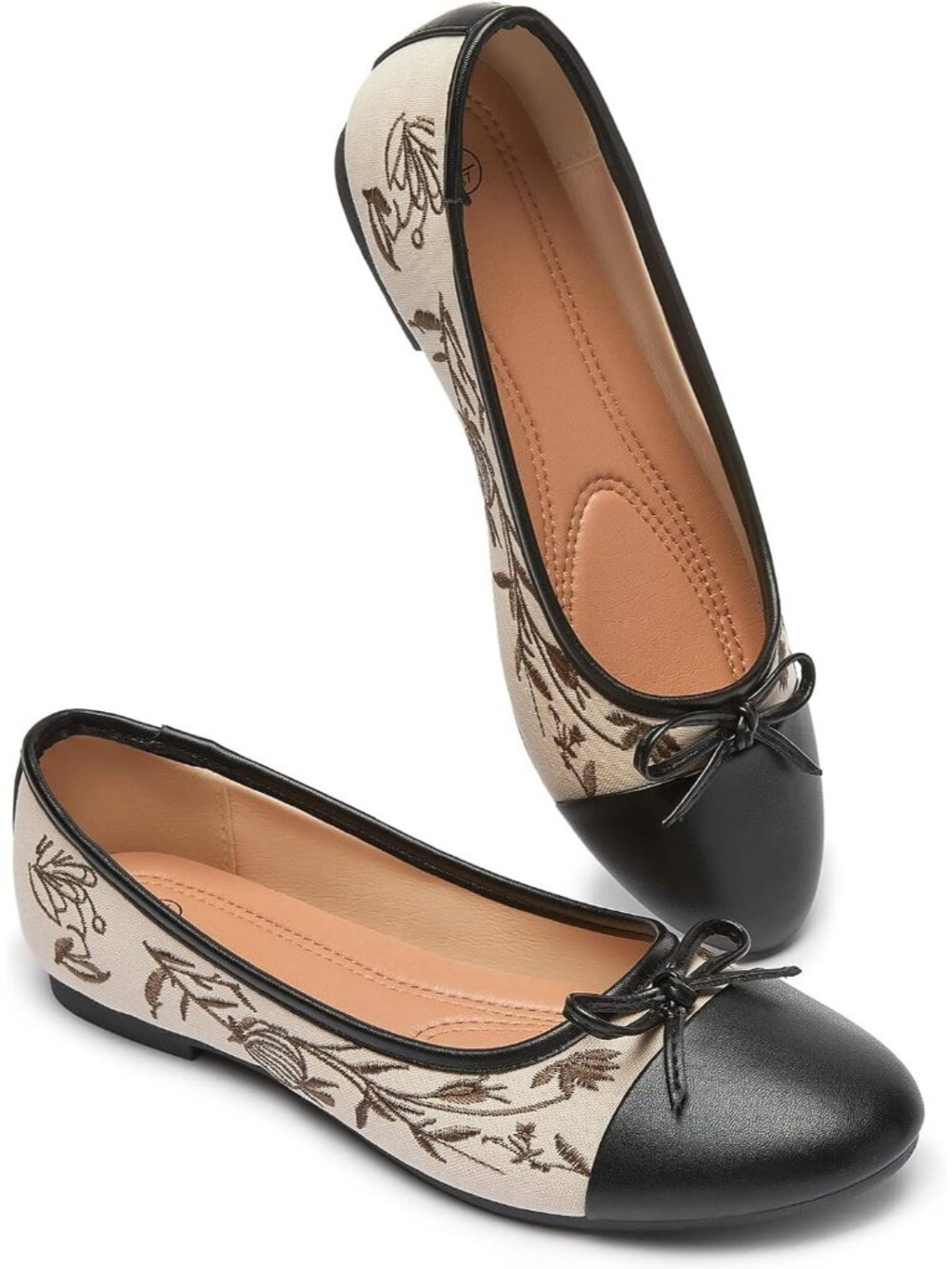 Women's Black Apricot Leather Pomegranate Embroidery Bow Round Toe Flats Shoes